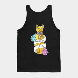 Worship Cats Kitten Sphynx Egyptian Typography Gold Meme Print Tank Top